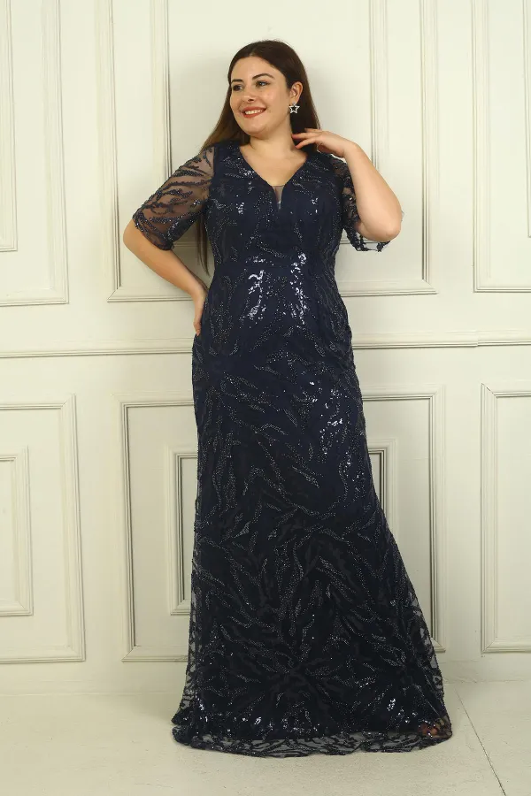 Women's Front Back V Neck Beaded-Sequin Embroidered Lined Plus Size Dress