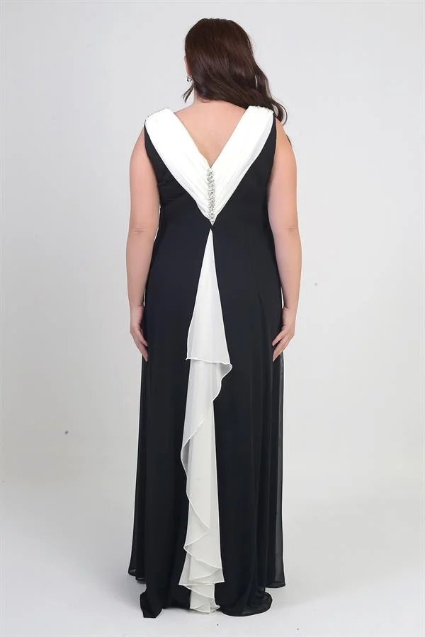 Robe longue en mousseline grande taille pour femme, avec col en V, détail de pierre au dos, volants et doublure.