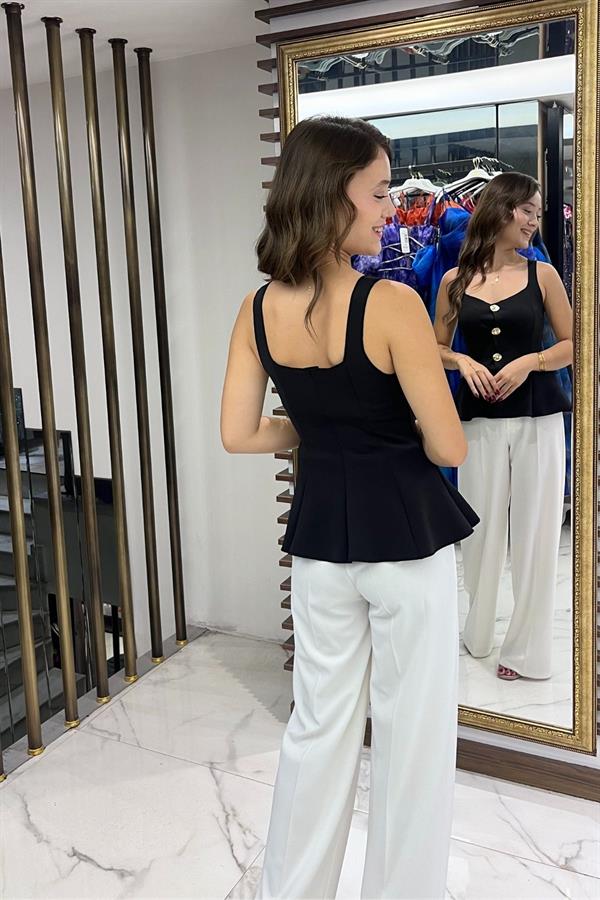 Kadın Kalın Askılı Gold Düğmeli Eteği Volanlı Likralı Dalgıç Bluz