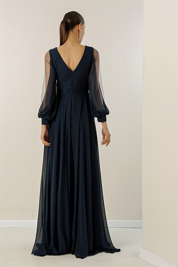 Front and back V-neck, draped front, tulle sleeves, lined, wide-length chiffon dress.