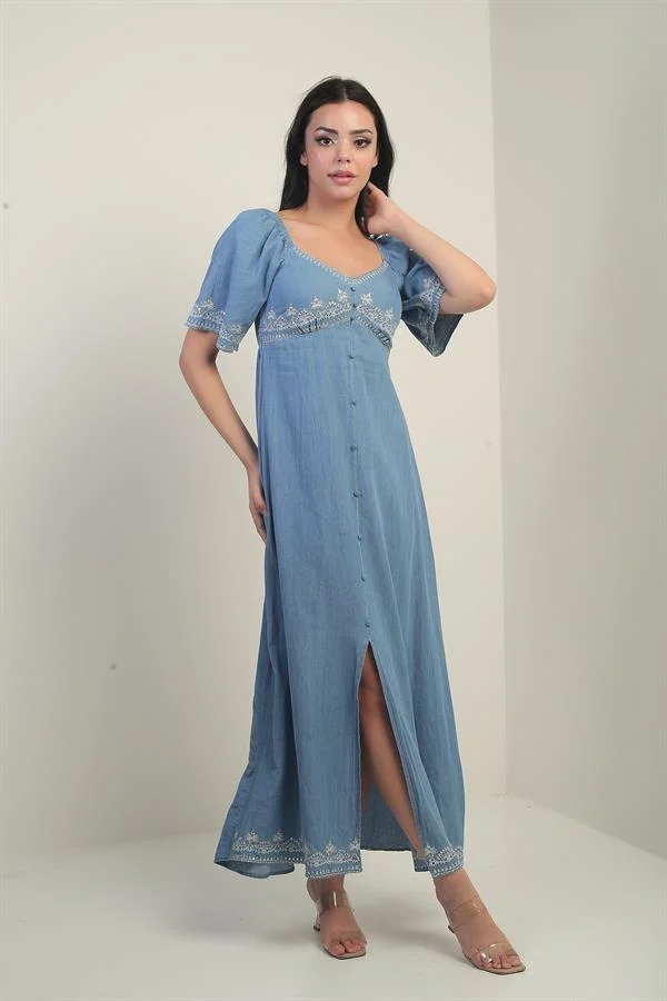 Women's Pentagon Neckline Button Detail Back Embroidered Long Denim Dress