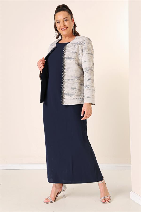 Kolsuz Uzun Elbise Taş Detaylı Jakarlı Büyük Beden Astarlı 2'li Takım