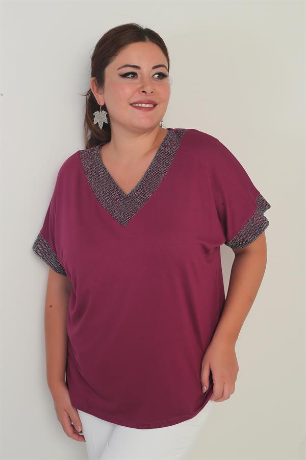 Women's Plus Size Blouse with Glitter Mesh Detail on Collar and Cuffs