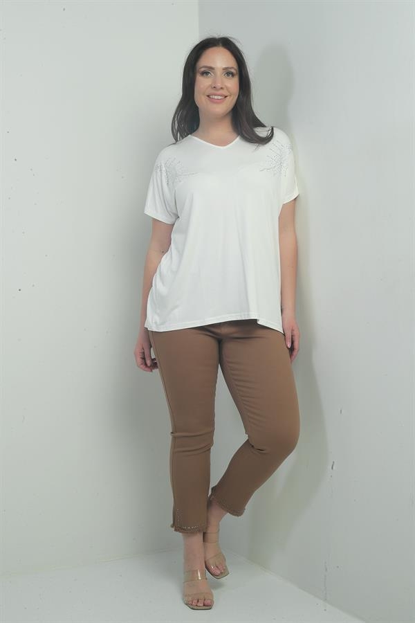 Kadın Dar Paça Şerit Taş Detaylı Likralı Büyük Beden Kanvas Pantolon