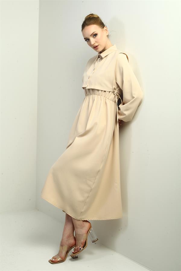 Women's Button-Down Detachable Vest, Elastic Waist, Long-Sleeved Midi Dress