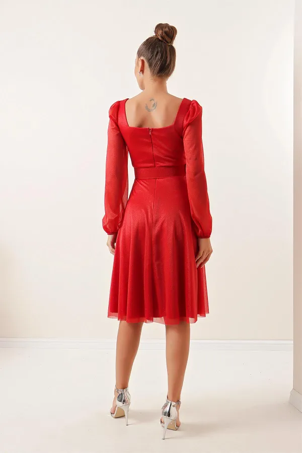 Square Neck Belted Balloon Sleeve Lined Glittery Dress