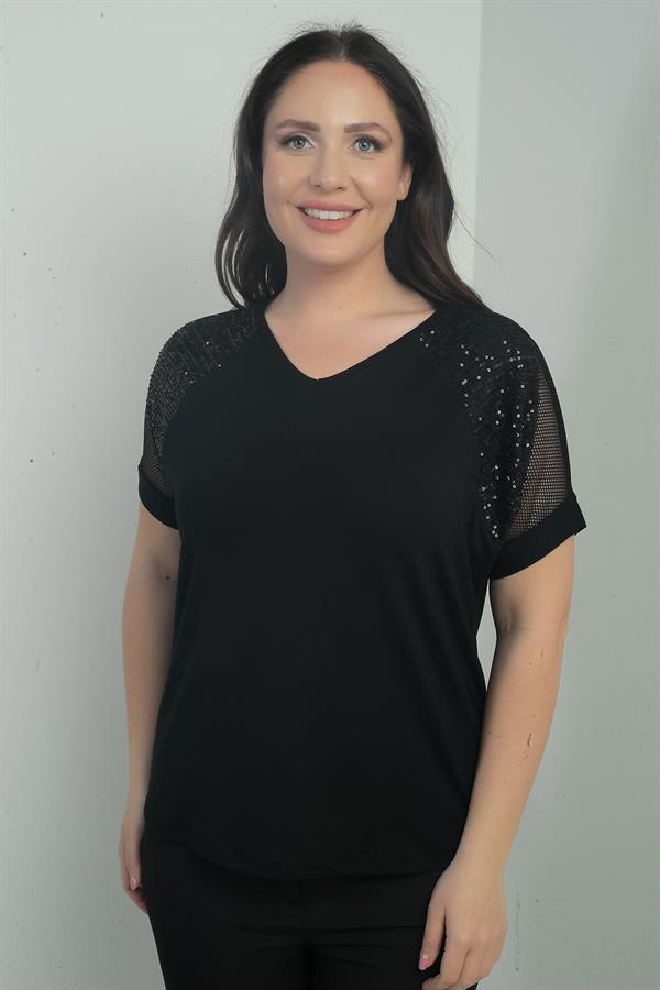 Women's V-Neck, Mesh Shoulder, Sequined, Plus Size Lycra Blouse