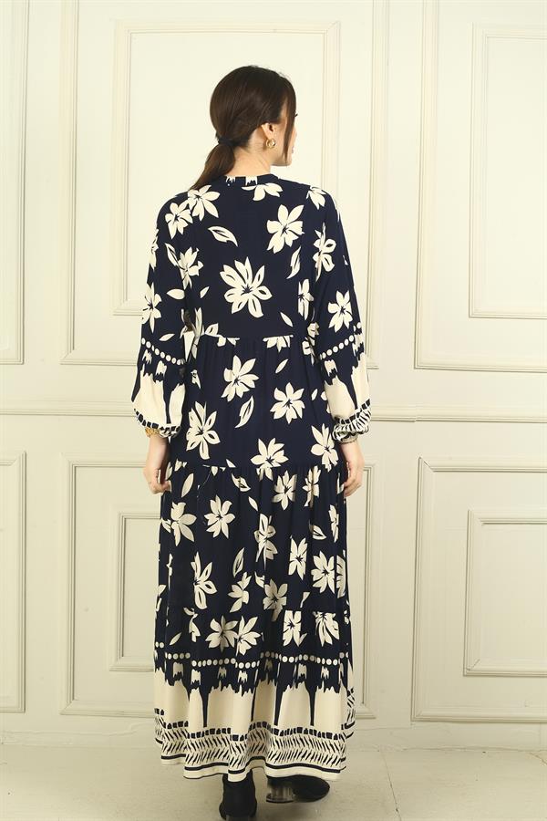 Kadın Önü Yarım Düğmeli Çiçek Desenli Fırfırlı Oversize Uzun Elbise