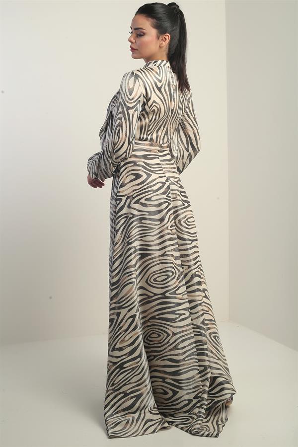 Women's Long Satin Dress with Zebra Pattern and Scarf Detail, Lined