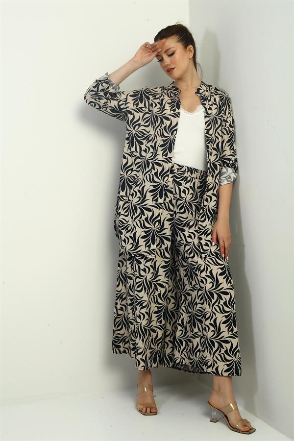 Women's Side Slit Tunic Shirt, Elastic Waist Pocketed Palazzo Pants, Floral Pattern Oversize 2-Piece Set