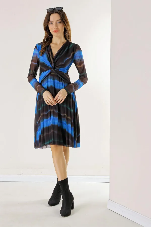 Double-Breasted, Lined, Front Knotted Wave Pattern Pleated Tulle Dress