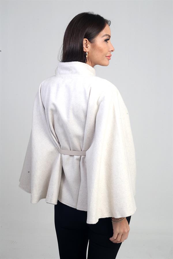 Kadın Tek Düğmeli Beli Kemerli Kaşe Panço