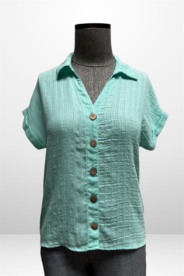 Kadın Polo Yaka Kendinden Desenli Keten Gömlek