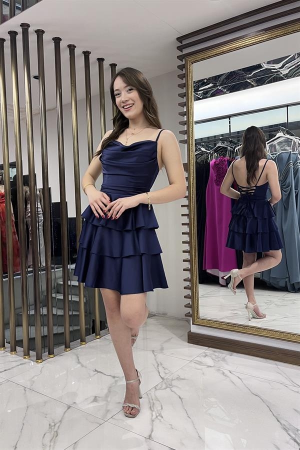 Kadın İp Askılı Arkadan Bağcıklı Eteği Kat Kat Saten Kısa Elbise