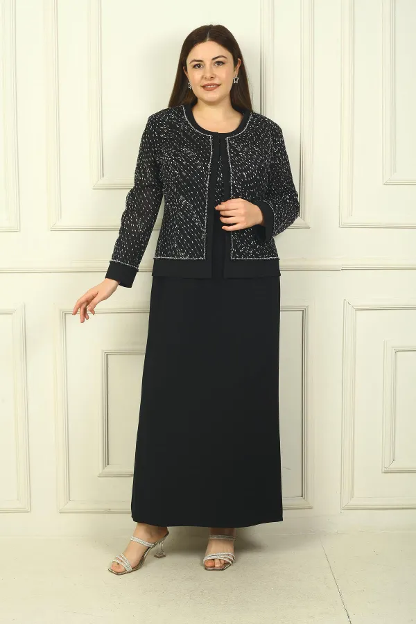 Women's Beaded and Sequin Embellished Tulle Jacket, Half-Moon Sleeve Long Dress, Lined, Plus Size Two-Piece Set