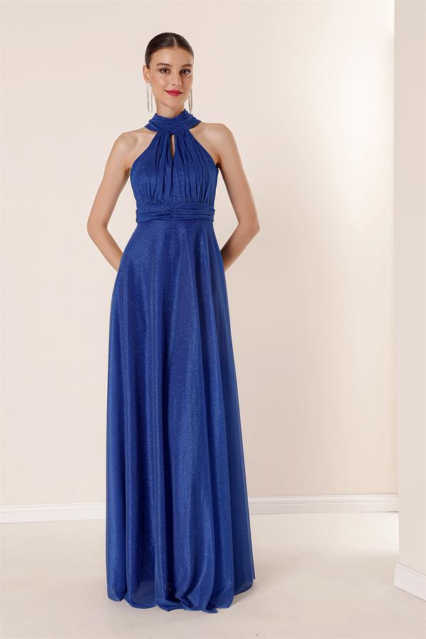 Boyundan Bağlamalı Astarlı Simli Uzun Elbise