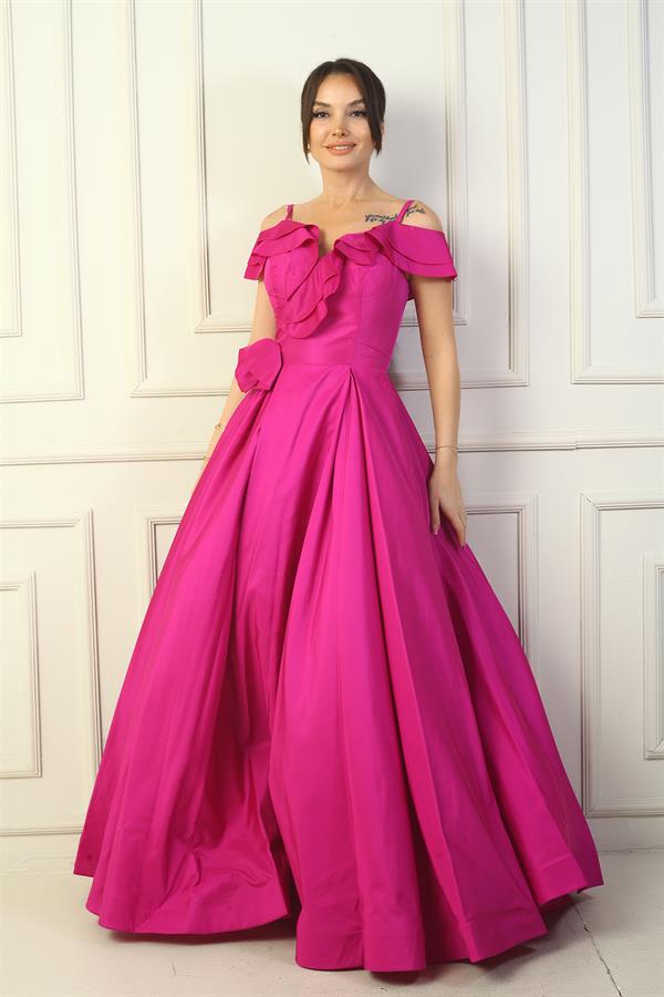 Women's Strappy Boat Neck Long Taffeta Evening Dress with Rose Detail, Lined, and Pockets