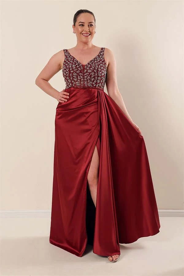Plus Size Long Satin Dress with Tulle and Stone Embellishments and Lining