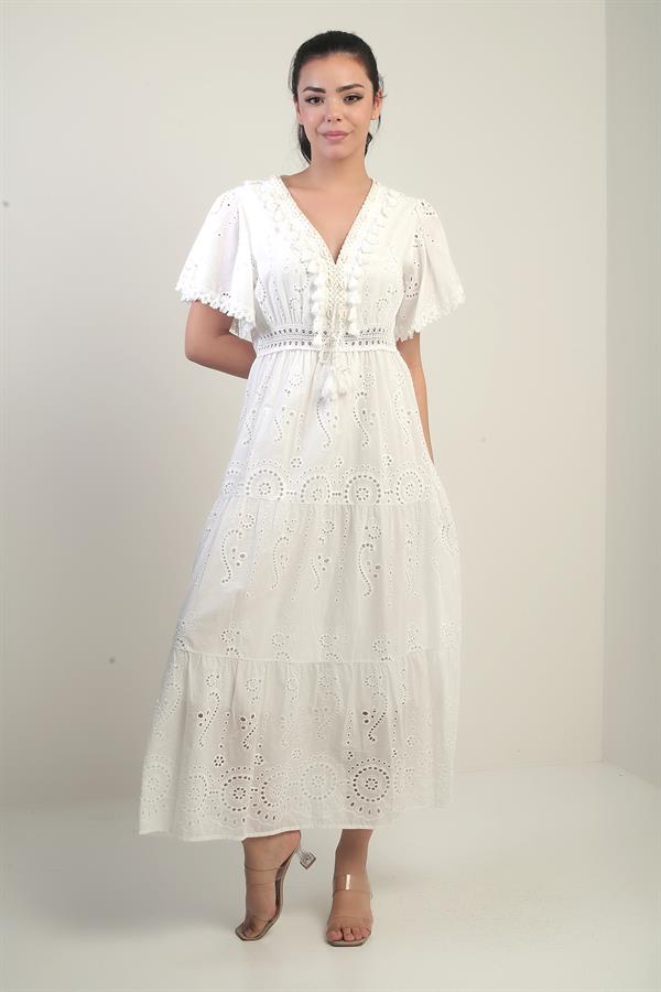 Women's V-Neck Front Tasseled Lined Long Lace Dress