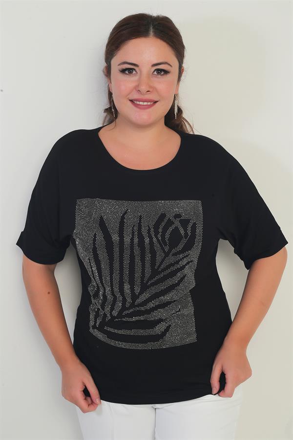 Women's Short Batwing Sleeve Plus Size Blouse with Stone Details and Rose Pattern, Lycra