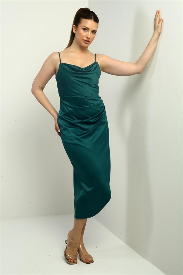 Robe midi asymétrique à bretelles, drapée et doublée pour femme