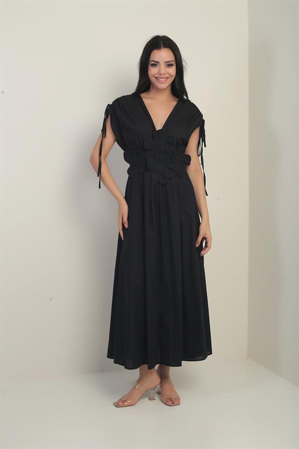 Robe longue pour femme à col en V devant et dos, manches froncées et broderies florales appliquées