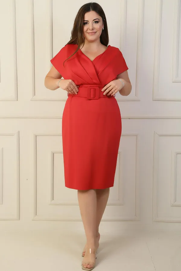 Front Back V Neck Waist Belted Lined Plus Size Dress
