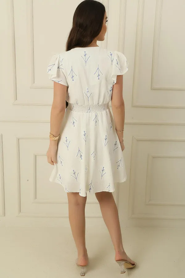 Kruvaze Yaka Kısa Kollu Beli Gipeli Astarlı Çiçek Nakışlı Elbise