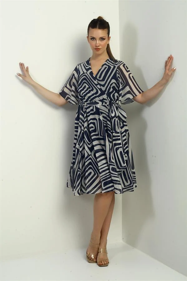 Women's Wrap Neckline Belted Lined Geometric Pattern Chiffon Dress