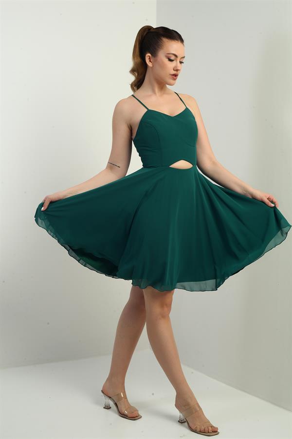 Kadın İp Askılı Arkası Bağlamalı Önü Pencereli Astarlı Şifon Kısa Kloş Elbise