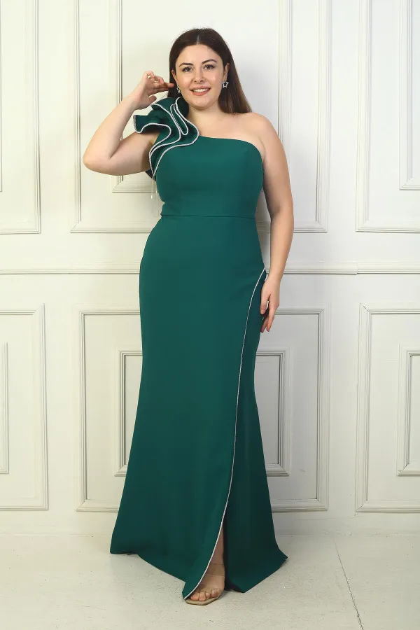 One-Shoulder Lined Crepe Mermaid Dress with Sparkling Stone Details