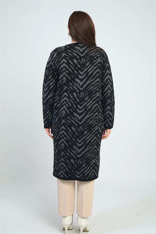 Kadın Zebra Desenli Cepli Büyük Beden Triko Uzun Hırka