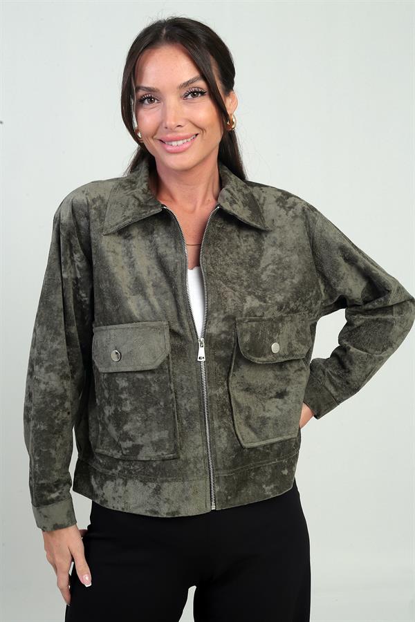 Manteau en daim pour femme avec poche et fermeture éclair sur le devant