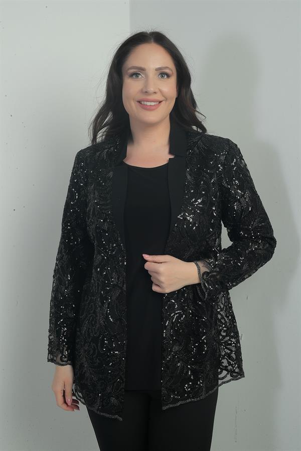 Kadın Pullu Tül Ceket Likralı Uzun Kol Bluz Büyük Beden 2'li Takım