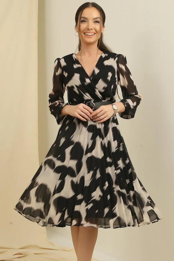 Double-Breasted, Lined, Waist Belted, Pleated Patterned Chiffon Dress