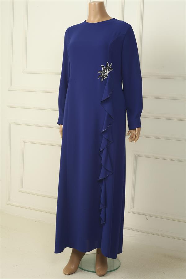 Kadın Çiçek Taş İşlemeli Volanlı Büyük Beden Uzun Krep ELbise