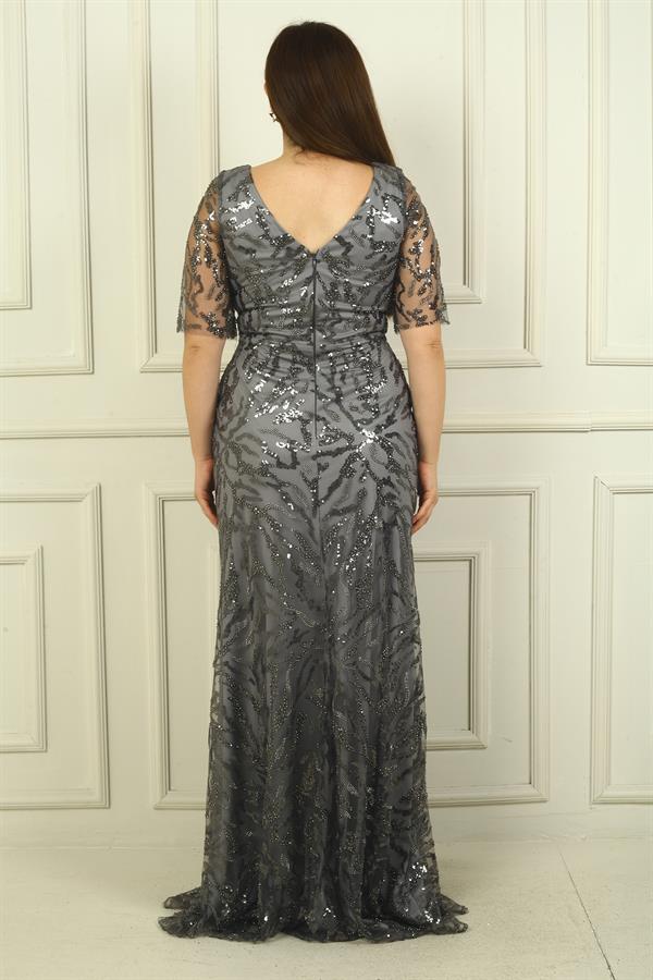 Kadın Ön Arka V Yaka Boncuk-Pul İşlemeli Astarlı Büyük Beden Elbise