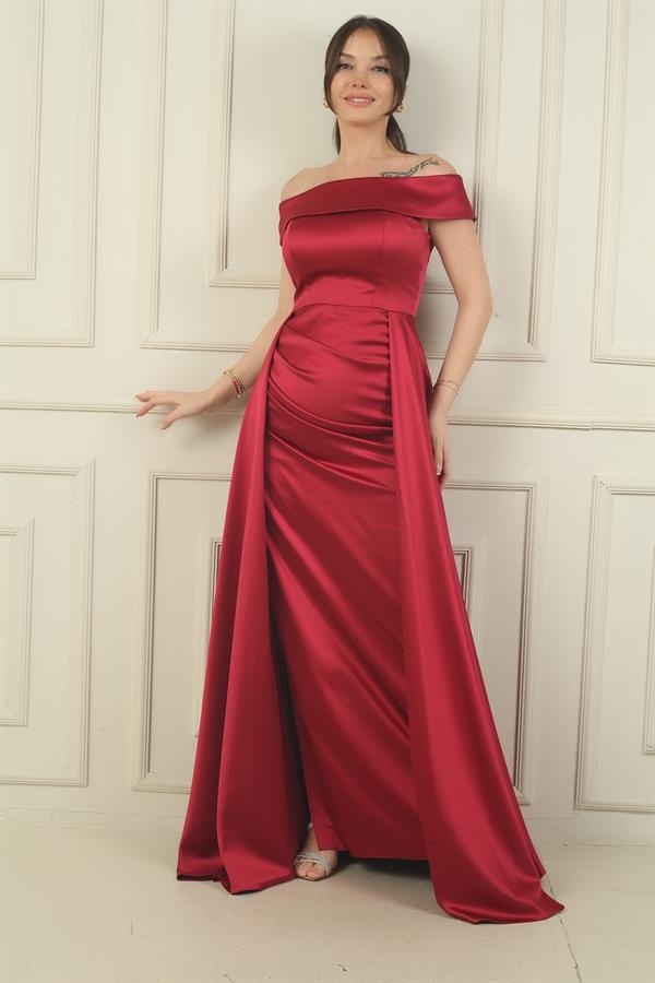 Kadın Madonna Yaka Önü Büzgülü Astarlı Pelerinli Saten Uzun Elbise