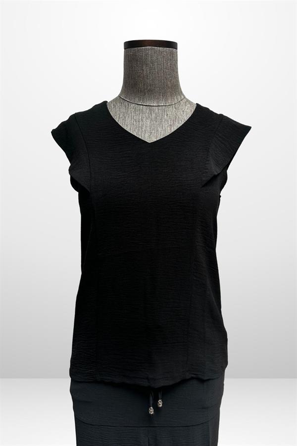 Women's V-Neck Blouse with Elastic Waist, Pockets, and Front Slit Skirt - 2-Piece Set