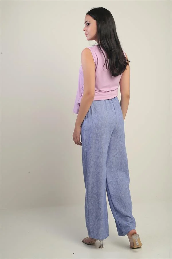 Women's Palazzo Pants with Elastic Waistband, Pockets and Pleat Details