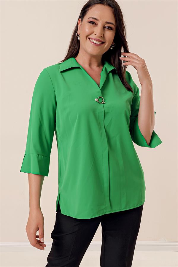 Polo Collar Quarter Sleeve Plus Size Blouse
