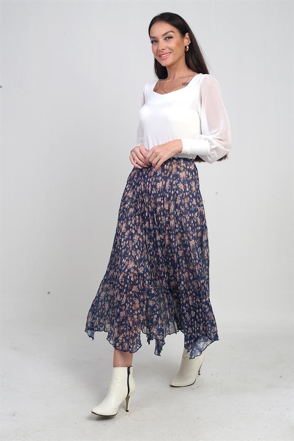 Jupe triangle mi-longue à fleurs doublée et taille élastique pour femme