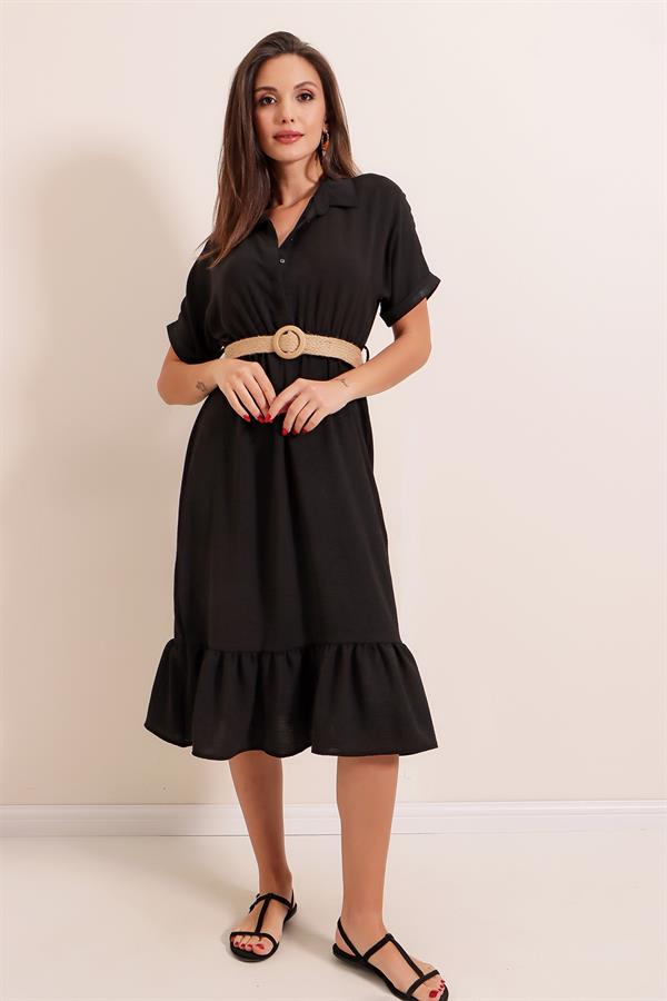 Gömlek Yaka Kemerli Ayrobin Elbise