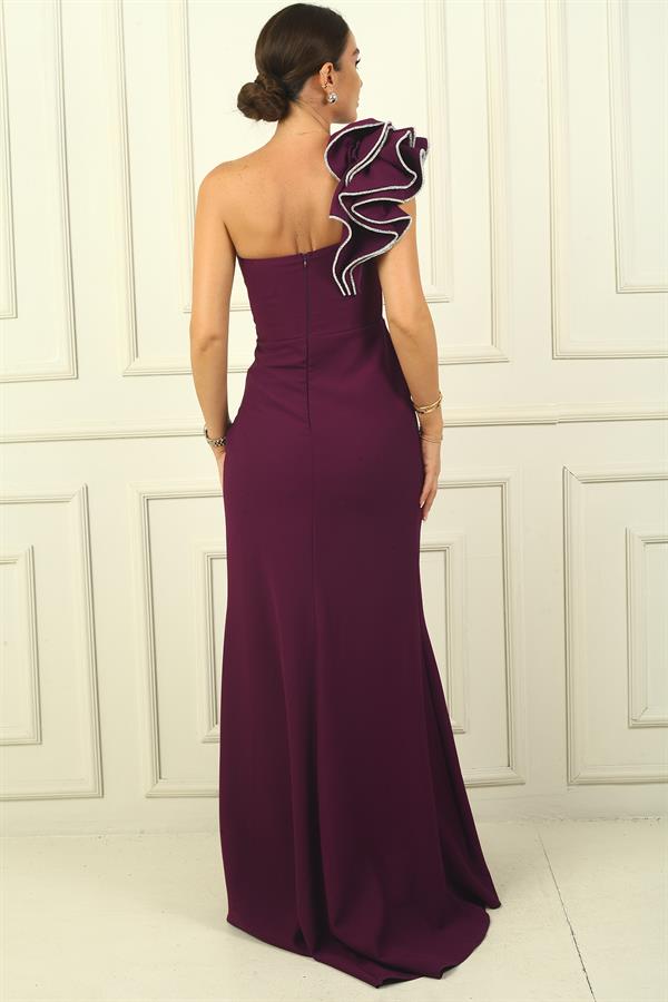 Tek Marul Omuzlu Astarlı Parlak Taş Detaylı Krep Balık Abiye Elbise