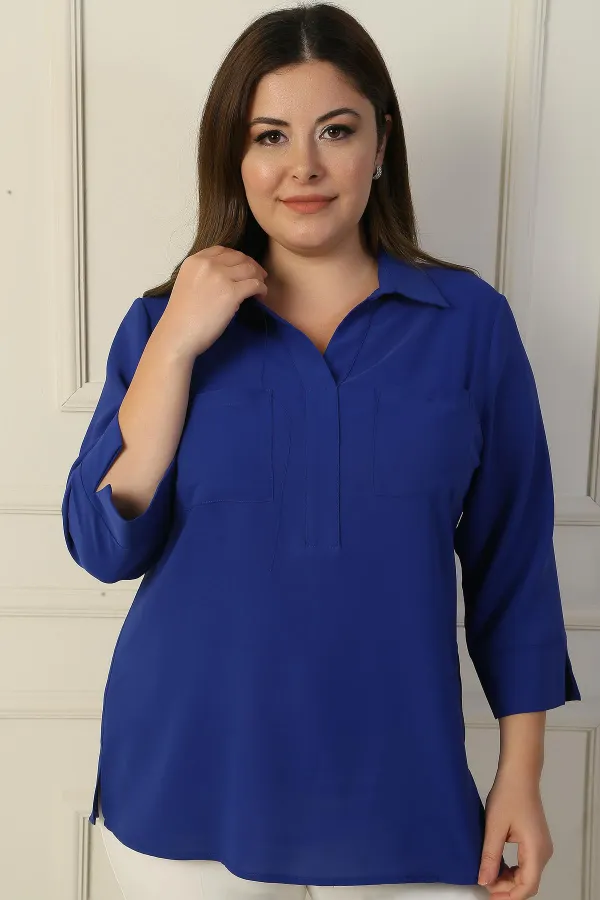 Polo Collar Pocketed Quarter Sleeve BB Blouse