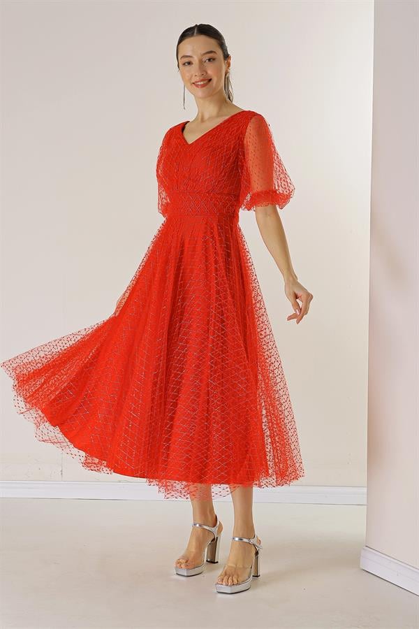 Front and Back V-Neck Short Balloon Sleeved Square Polka Dot Glitter Dahlia Fabric Lined Dress