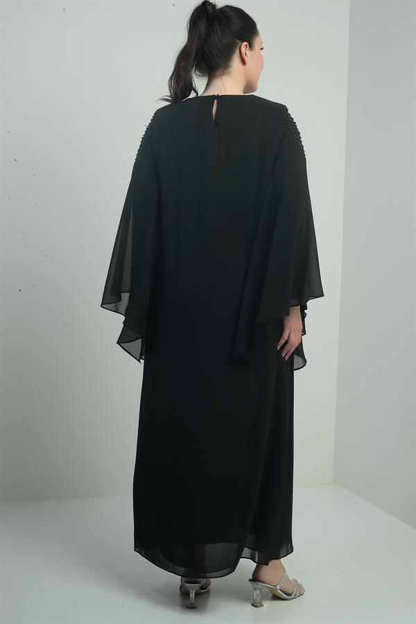 Kadın Üstü Taş Boncuk Baskılı Pelerin Astarlı Uzun Şifon Büyük Beden Elbise