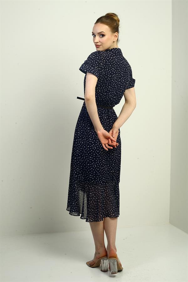 Women's Wrap Neckline Lined Chiffon Dress with Crisp Pattern and Ruffled Front