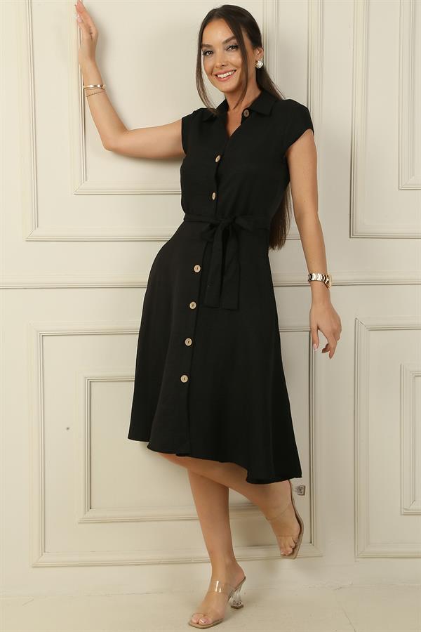 Button-front, belted, pocketed linen-effect dress.