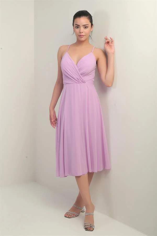 Women's Strappy Wrap Neckline Lined Lace-Up Back Flared Chiffon Dress